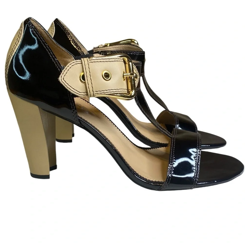 Franco Sarto patent leather Black & Tan Strap Heels Women’s Size 10